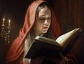 Religious woman with red cape holding and reading the Bible Generative AI Illustration Royalty Free Stock Photo