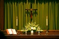 Religous Altar with Bible, Cross and Candles Royalty Free Stock Photo