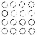 Reloading signs. Loading symbols. Minimal simple black icons. Arrows rotate in circle. Refresh or waiting process. Eco