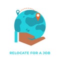 Relocate for a job banner wit hand and globe