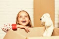 Relocating delivery services. Deliver your treasures. Storage for toys. Delivering happiness. Little child open post
