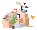 Relocation. Cardboard boxes with things. Packing objects for transportation. Vector illustration