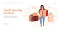 Relocation concept in flat vector design. Smiling woman packing and holding cardboard box or postal parcel. Delivery and shipping