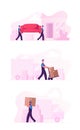 Relocation and Moving into New House Concept Set with Workers Carry Cardboard Boxes and Furniture Using Trolley and Truck Royalty Free Stock Photo