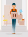 Relocation service concept vector poster. Delivery man cartoon vector character. Man hold the cardboard box Royalty Free Stock Photo