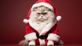 reluctant and a little angry big white cat dressed as santa claus on neutral background, pet christmas concept Royalty Free Stock Photo