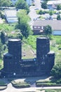 Remagen, Germany - 06 10 2021: Bridge of Remagen towers, Friedensmuseum Remagen, high angle from the hill on the other side