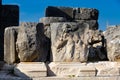 Remained sculptural details on Roman theatre ruins in Tlos, Turkey Royalty Free Stock Photo