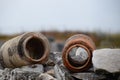 remains of ancient ceramic pipes from the water supply. Prefabricated sections of ceramics from which the pipeline was assembled Royalty Free Stock Photo