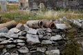 remains of ancient ceramic pipes from the water supply. Prefabricated sections of ceramics from which the pipeline was assembled Royalty Free Stock Photo