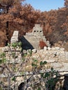 The remains of an ancient gray fortress with arches against the backdrop of a burnt forest