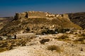 Remains ancient impressive castle on mountain. Shobak crusader fortress. Castle walls. Travel concept. Jordan architecture and