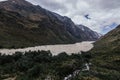 Remains of an avalanche in the valley next to vegetation, in the trekking of the Santa Cruz gorge between mountains