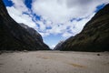 .remains of an avalanche in the valley, in the trekking of the quebrada santa cruz between mountains