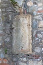 The remains of the bas-relief on the outer part of the fortress wall in the ruins of the Smederevo fortress, standing on the banks