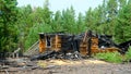 The remains of a burned wooden house after a fire without a roof with charred logs in the spruce forest of the Northern taiga Royalty Free Stock Photo