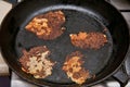 Remains of burnt food in the pan. concept carcinogen