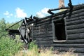 Remains of a burnt wooden house.