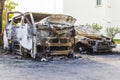 Remains of a car and van destroyed by fire accident Royalty Free Stock Photo