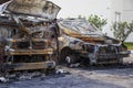 Remains of a car and van destroyed by fire accident Royalty Free Stock Photo
