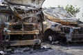 Remains of a car and van destroyed by fire accident Royalty Free Stock Photo