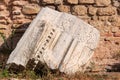Remains of carved marble cornice in the thermae of ancient Roman Odessos, close-up, in the city of Varna
