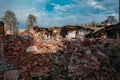 Remains of demolished old industrial building. Pile of stones, bricks and debris Royalty Free Stock Photo