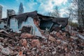 Remains of demolished old industrial building. Pile of stones, bricks and debris Royalty Free Stock Photo
