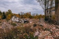 Remains of demolished old industrial building. Pile of stones, bricks and debris Royalty Free Stock Photo
