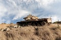 The remains of Israeli tank destroyed during Yom Kippur War in Valley of Tears near border with Syria on Golan Heights in