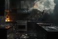 Remains of a luxury kitchen after a devastating fire with melted surfaces and smoke damage present Royalty Free Stock Photo