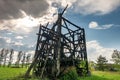 Remains of old burnt windmill in the field before the rain Royalty Free Stock Photo