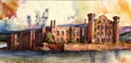 Port Arthur penitentiary in colorful watercolor illustration