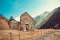 Remains of old ruined church, Dartlo village. Adventure holiday in Tusheti. Travel to Georgia. Mount landscape. Green ecology tour