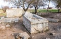 The remains of the sarcophagus on the ruins of the destroyed Roman temple, located in the fortified city in the territory of the N