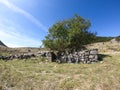 Remains of shepherd`s mountain drystone wall hut