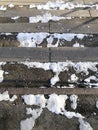 Remains of snow and ice on old concrete steps on a winter sunny day