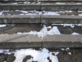 Remains of snow and ice on old concrete steps on a winter sunny day