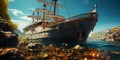 The remains of the sunken ship, its rusty casing are covered with sea growth, as if they merge Royalty Free Stock Photo