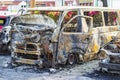 Remains of a van destroyed by fire accident Royalty Free Stock Photo