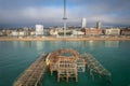 Remains of the West Pier against Brighton cityscape. England, United Kingdom. Royalty Free Stock Photo