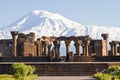 Mount Ararat and the ruins of the Zvartnots Cathedral in Yerevan, Armenia.