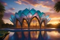 a remarkable building takes shape in the majestic form of an immense glass lotus flower