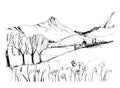 Remarkable Georgian landscape sketch. Black and white hand drawn outline