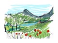 Remarkable Georgian landscape sketch. Colorful hand drawn outline vector illustration.