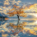 Remarkable landscape of colorful autumn Wanaka Tree reflection on Wanaka Lake