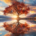 Remarkable landscape of colorful autumn Wanaka Tree reflection on Wanaka Lake