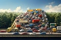 A remarkable sight of a road completely covered by a massive pile of cars, Large queue of vehicles on motorway pay toll in summer Royalty Free Stock Photo