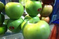 a green apple or Malus domestica in a glass display case