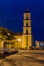 REMEDIOS, CUBA - FEB 12, 2016: Night view of San Juan Bautista church in Remedios, Cu